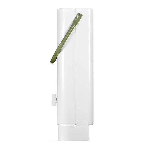 Top Shelf Portable Tankless Hot Water Heater Delivers Fast Five Liter Per Minute Hot Flow No Sweat For Tailgating Camping RV Conversions And Outdoor Cleaning Tasks in white with a green handle.