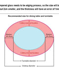 Diagram showing size recommendations for Tempered Glass Lazy Susan Turntable For Dining Table Go To Rotating Serving Tray 39 Inch Centerpiece