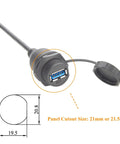 Rugged Beefy Industrial USB 3.0 A Female To M12 B Code 5 Pin Bulkhead Panel Mount Cable IP67 Waterproof With Cap shown with dimensions