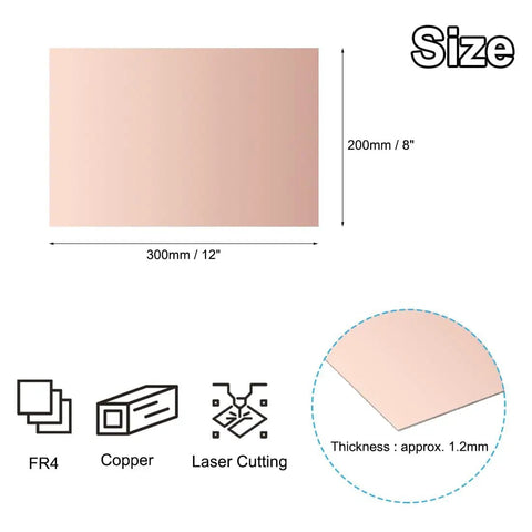Double Sided Copper Clad Laminate PCB Board 8x12 Inch Pack Of 2 1.2mm FR4 with size dimensions and thickness details