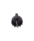 Black metal hole saw drill bit with central pilot drill, front view.
