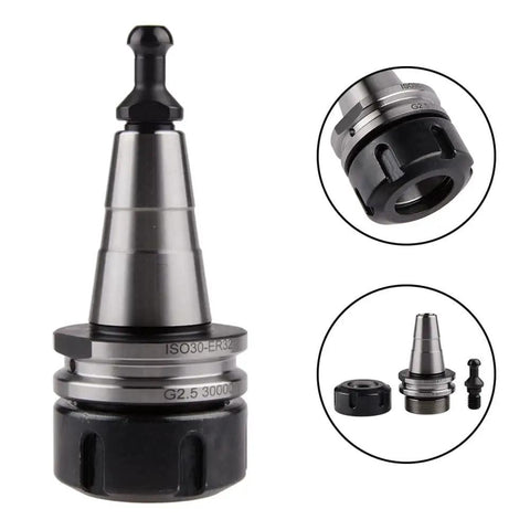 Top Shelf Stainless Steel ER32 Balance Collet For ISO30 CNC Mill Drill Lathes Pull Stud Mount, detailed view showcasing precision grip.
