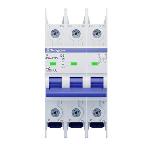 Front view of UL 489 AC Miniature Circuit Breaker 5 Amp 3 Pole D Curve 480Y 277V AC 10kA SCCR Thermal Magnetic Trip DIN Rail White WMBB3D05-1