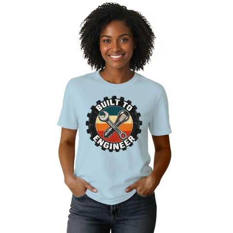 Classic Engineered Vintage Tee Featuring Gear And Lightbulb Badge For Makers And Problem Solvers With Soft 100 Cotton Fit Perfect For Garage Projects And Daily Wear - Light blue unisex tee with wrench graphic.