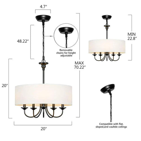 Five Light Traditional Chandelier With White Linen Drum Shade Dope Adjustable Height Oil Rubbed Black Finish Modern Ceiling Light Fixture