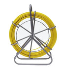 Four Twenty Five Foot Fiberglass Fish Tape With Sturdy Guide Spool For Smooth Wire Routing Through Tight Conduit Built For Electricians And Utility Crews Knocking Out Tough Telecom Jobs Without A Scratch Or Snag in yellow on a metal spool.