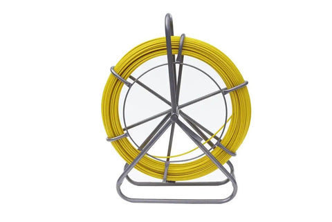Four Twenty Five Foot Fiberglass Fish Tape With Sturdy Guide Spool For Smooth Wire Routing Through Tight Conduit Built For Electricians And Utility Crews Knocking Out Tough Telecom Jobs Without A Scratch Or Snag in yellow on a metal spool.