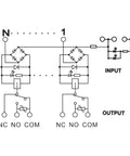 Diagram of 8 Channel Relay Module for AC DC 12V PLC Control showing input and output connections, screw terminals, NPN PNP compatibility.