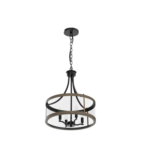 Farmhouse Drum Chandelier For Dining Room, Dope Retro Black Wire Frame With Wood Grain Panels, 16 Inch Wide Oil Black And Wood Painted Finish
