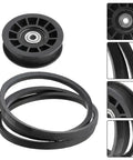 Must Have Idler Pulley And Drive Belt Combo Kit For Stens Z254F And CZ3815 Mowers, rubber pulley and belts in black.