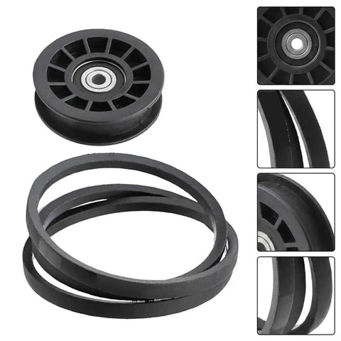 Must Have Idler Pulley And Drive Belt Combo Kit For Stens Z254F And CZ3815 Mowers, rubber pulley and belts in black.