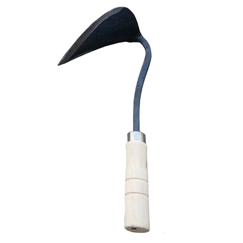 Forged Garden Hand Plow Hoe Weeder Sickle With Wooden Handle Korean Daejanggan Style Ho Mi for EZ Digger Tools shown vertically