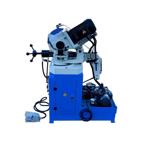 Heavy Duty 12 Inch Semi Automatic Hydraulic Cold Cut Saw 4Hp Metal Cutter With Quick Hydraulic Clamping And Swivel Base visible from side angle, showcasing hydraulic features.