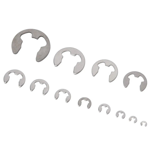 Stainless Steel Retaining Ring Kit 400 Pcs Assortment 1.5mm To 15mm For Bearings Gears Pulleys Axles Transmission Shafts Great For DIY Home And Auto Repairs displayed in a size gradient