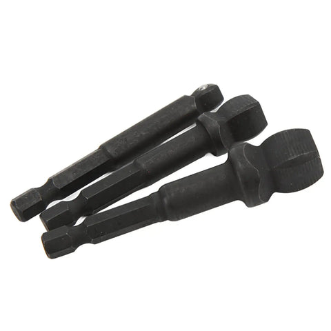 Get A Durable Chrome Vanadium Socket Adapter Kit That Fits Your Electric Drill For Quick Fixes And DIY Projects With Secure 1/2 3/8 And 1/4 Inch Versatile Drive Adaptors Built Tight For Real Tough Stuff. 3 black steel drill adapters on white