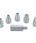 Master engine and transmission oil pressure test set with six silver threaded adapters