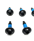 Heavy Duty Hardened Torx Screws For Jeep Wrangler TJ Bumper End Caps set of eight bolts with blue threads and black heads.