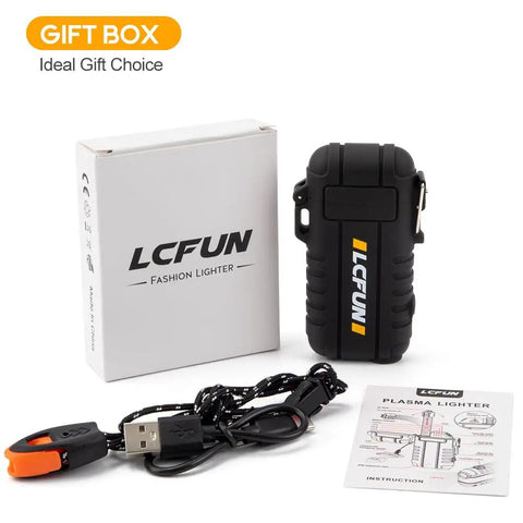 Dual Arc USB Rechargeable Plasma Lighter With LED Battery Indicator, gift box, USB cable, and instructions