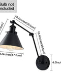 Swing Arm Wall Lamp Set Of 2, Adjustable Black Wall Sconce Hardwired, Modern Industrial Task Lighting For Living Room, dimensions shown