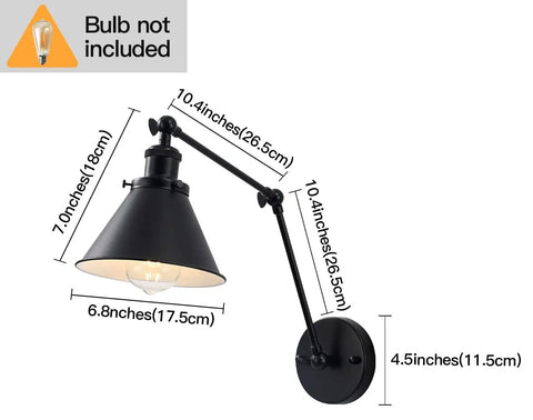 Swing Arm Wall Lamp Set Of 2, Adjustable Black Wall Sconce Hardwired, Modern Industrial Task Lighting For Living Room, dimensions shown