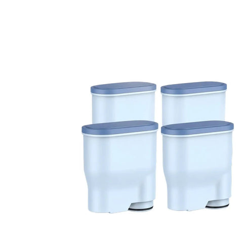 Real Deal Coffee Machine Water Filter Softener Purifies Everyday Brewing Water For Killer Flavor Enhances Fresh Bean Aroma Delivers Smooth Clean Taste Compatible With Most Home Brewers - 4 pack softener cartridges in light blue.