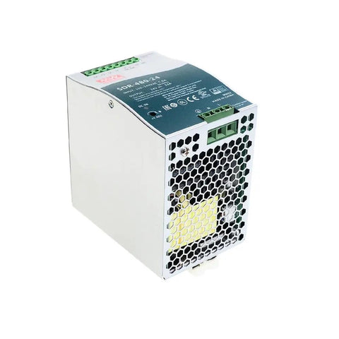 Beefy 24V Power Supply 480W 20A High Power Stable Output for Sensitive Semiconductor Equipment Rock Solid 24 Volt Supply for Precision Manufacturing UL508 Certified Efficient and Durable, angled view with honeycomb vent
