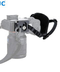 Pro Mirrorless Camera Hand Grip Strap With Arca Type Plate on camera, adjustable length, grippy wrist guard visible