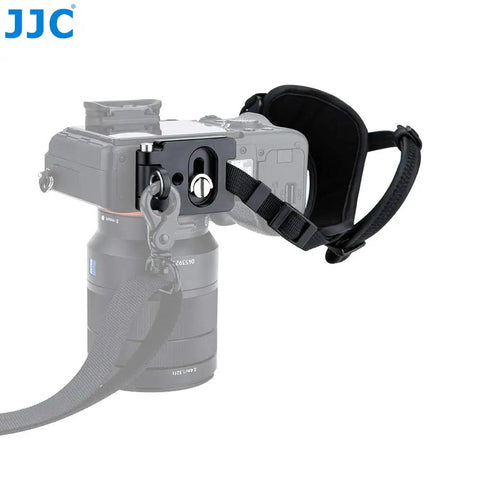 Pro Mirrorless Camera Hand Grip Strap With Arca Type Plate on camera, adjustable length, grippy wrist guard visible