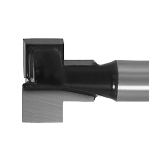 Close-up of Heavy Duty Three Piece Keyhole Router Bit Set With Rugged Quarter Inch Shank Corrosion Resistant Coating.
