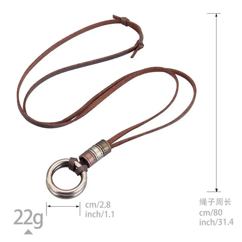 Top Shelf Handcrafted Leather Necklace For Men And Women Boasting A Fly Vintage Hippie Design With Adjustable Long Cord And Smooth Durable Alloy Cross Pendant In Classic Brown showing brown leather cord with silver alloy ring.