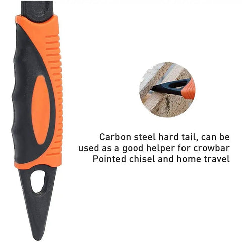 Close-up of carbon steel hard tail with orange and black grip on tool, showing pointed chisel, text about crowbar use visible.