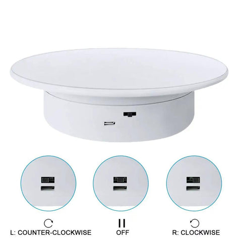 cexuw 360 Degree Electric Turntable For Small Product Display, 7.87 Inch Diameter flat white surface with control buttons for rotation.