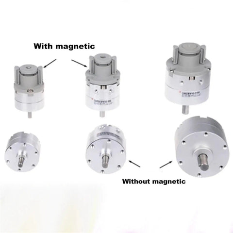Built Tough Single Vane Pneumatic Rotary Actuator With Smooth Air Powered Torque 15mm Bore And 270 Degree Rotation, showing models with and without magnetic features.