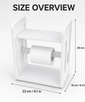 Premium Solid Wood Label Holder In Clean White, with size overview for 4x6 rolls, measures 23x10x20cm.