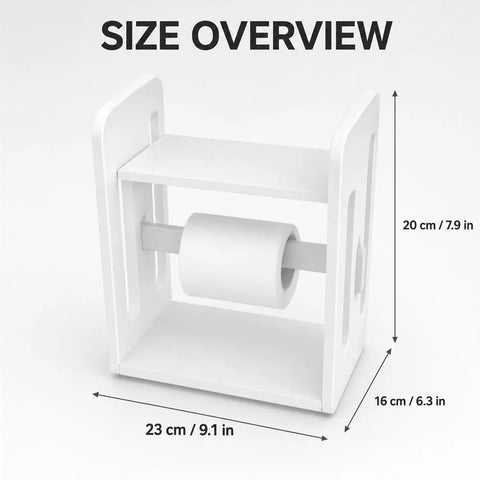 Premium Solid Wood Label Holder In Clean White, with size overview for 4x6 rolls, measures 23x10x20cm.