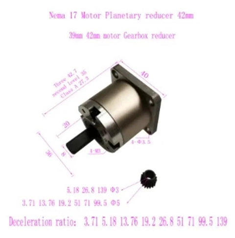 Beefy 42mm Geared Stepper Motor Reducer For 3D Printers Gearbox Drive With High Torque And Smooth Low Noise Performance 1 Piece Gear Ratio From 1 To 139 Ideal For Precise Fast Printing, shown with dimensions and label details.