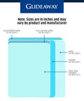 Glideaway bed size chart showing California King, King, Queen, Full Extra Long dimensions in inches.