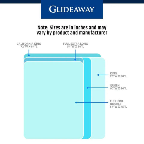 Glideaway bed size chart showing California King, King, Queen, Full Extra Long dimensions in inches.