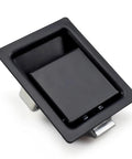 Visible Push To Close Latch For Cabinets, Pull To Open, Same Plane Lock Panel, Model 64 10 302 90, black aluminum, angled view