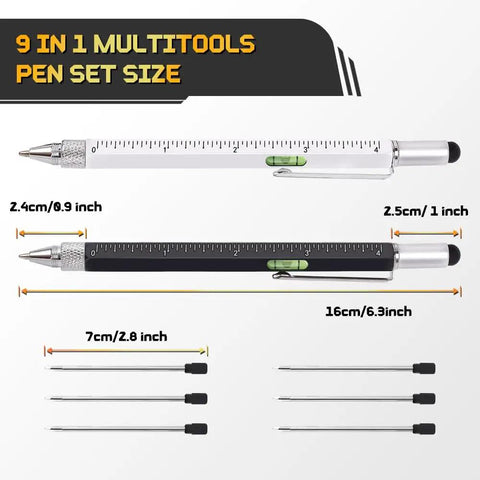 9 In 1 Metal Multitool Pen Set For Him With 2 Pens And 6 Refills showing pen dimensions and refills alignment.