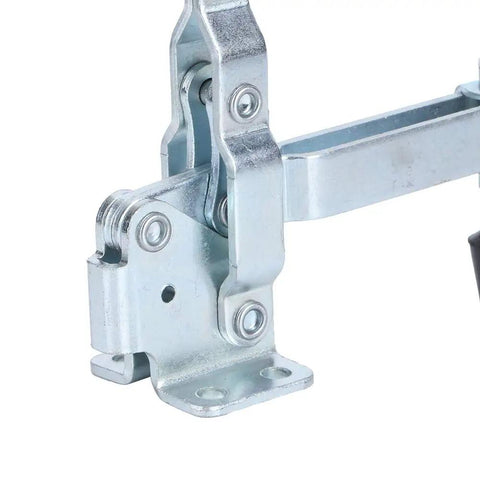 Quick Toggle Clamp Welding Fixture for Metal Plate and Circuit Board Positioning, iron body with plastic handle close-up view.