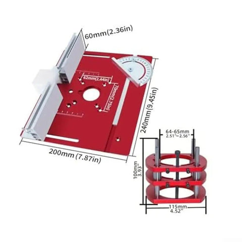 Heavy Duty Red Aluminum Router Table Insert Plate With Miter Slots, 240x200mm design with measurements displayed.