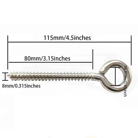 Close-up of a single M8 heavy duty swing hook eye screw with measurements for 4 Pack M8 Heavy Duty Swing Hooks Eye Screws 1200Lb Capacity Hammock Hanging Kit.