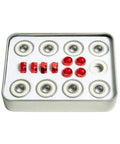 Andale Swiss bearing kit in a metal tin with silver ball bearings and red spacers (front view)