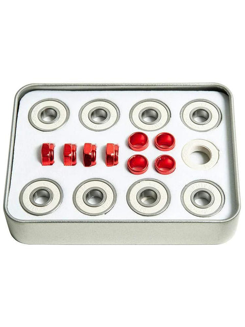 Andale Swiss bearing kit in a metal tin with silver ball bearings and red spacers (front view)