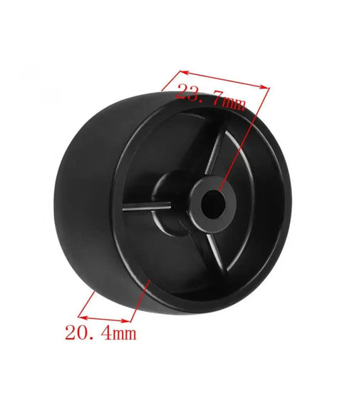 Close-up of a black wheel from 10 Pack 2 Inch Black Polypropylene Stem Casters With Single Wheel Inner Hole Lightweight 5cm Wheel Diameter