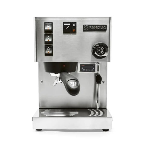 Solid Build Espresso Machine With Precision PID Temperature Controller And Programmable Pre Infusion For Killer Pulls Plus Built In Shot Timer For Zero Guesswork Home Brewing, stainless steel front view.