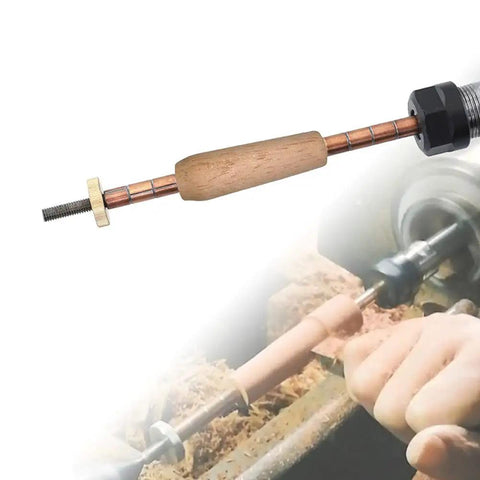 Adjustable Pen Mandrel For Woodturning MT1 6mm Diameter Steel Lathe Tool in use, showing wood being turned on a lathe.