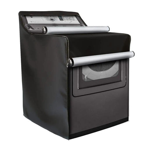 Two Pack Washing Machine Cover for Outdoor Use with Easy Zip Design Waterproof Dustproof UV Shield No Fuss All Weather Protection for Top Load and Front Load Machines Black covering a washer