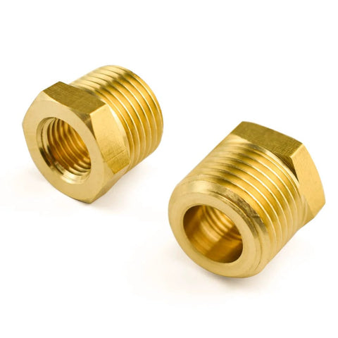 Two brass NPT reducer bushings, 1/2 in male to 1/4 in female, plumbing fittings, 2-pack